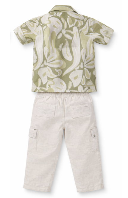 Boys' 3-Piece Cotton Sage Green Printed Shirt and Cargo Set