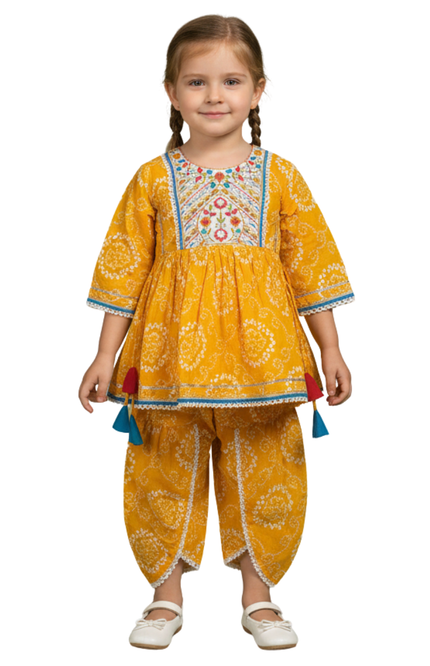 Girls' Yellow Bandhani Print Cotton Peplum Kurti and Dhoti Pant Set