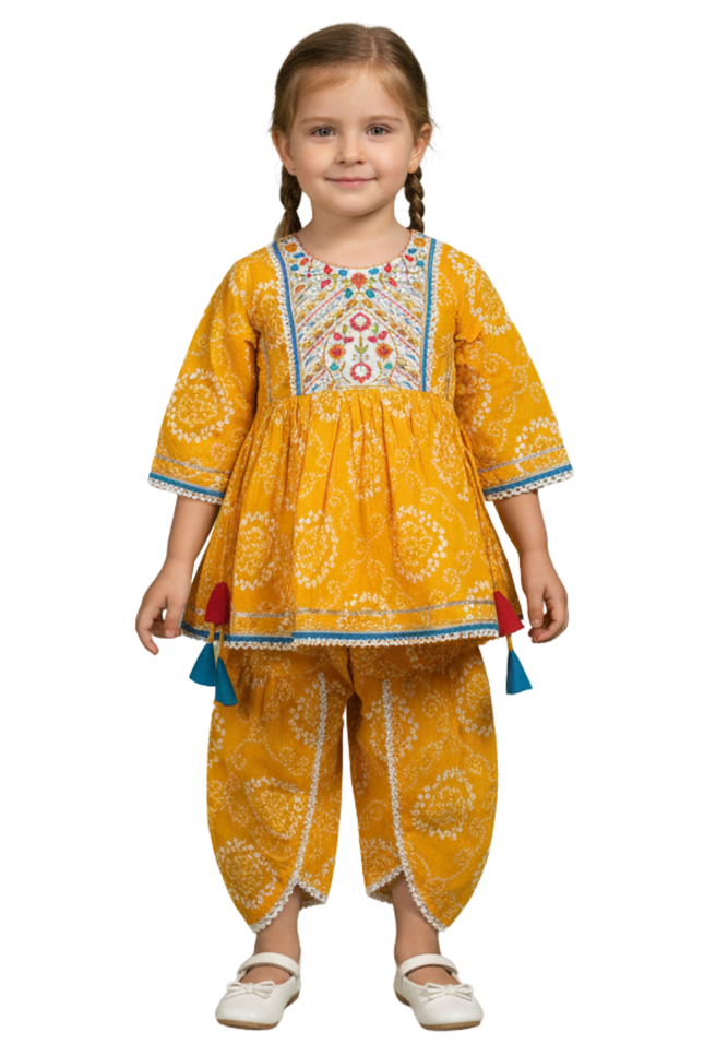 Girls' Yellow Bandhani Print Cotton Peplum Kurti and Dhoti Pant Set