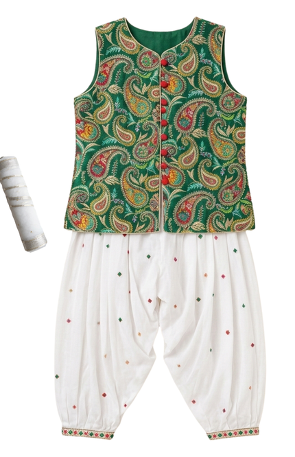 Girls' Emerald Green Paisley Koti and White Dhupati 3-Piece Set