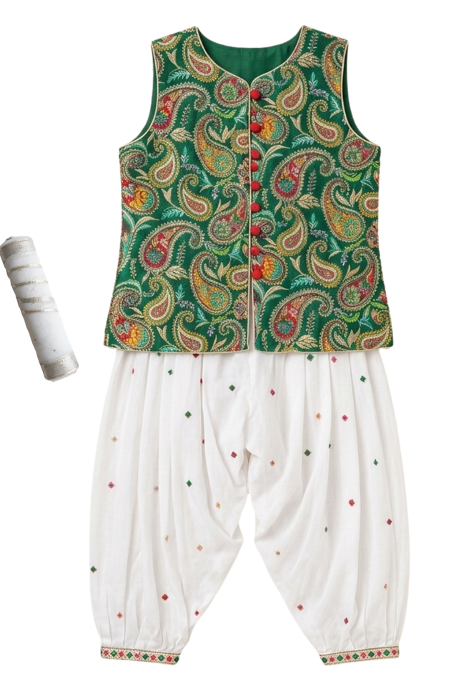 Girls' Emerald Green Paisley Koti and White Dhupati 3-Piece Set