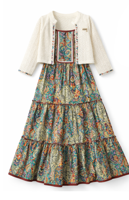 Girls' Paisley Print Tiered Middy Dress with Cream Knit Shrug