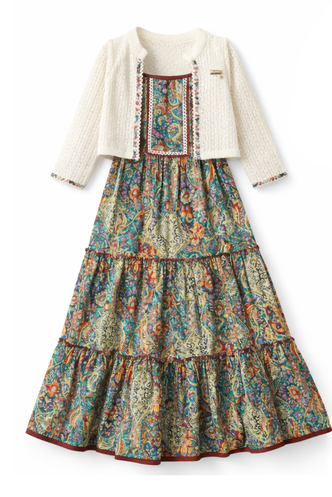 Girls' Paisley Print Tiered Middy Dress with Cream Knit Shrug