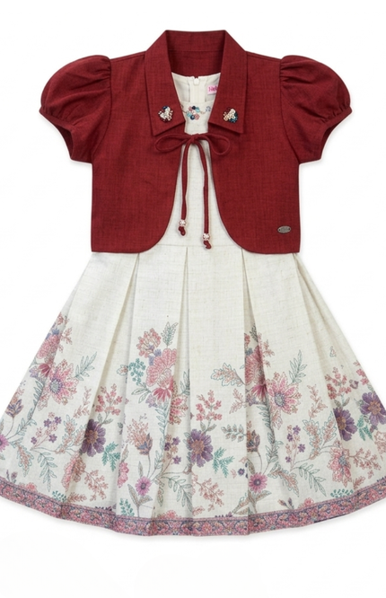 Girls' Floral Pleated Dress with Maroon Bolero Shrug