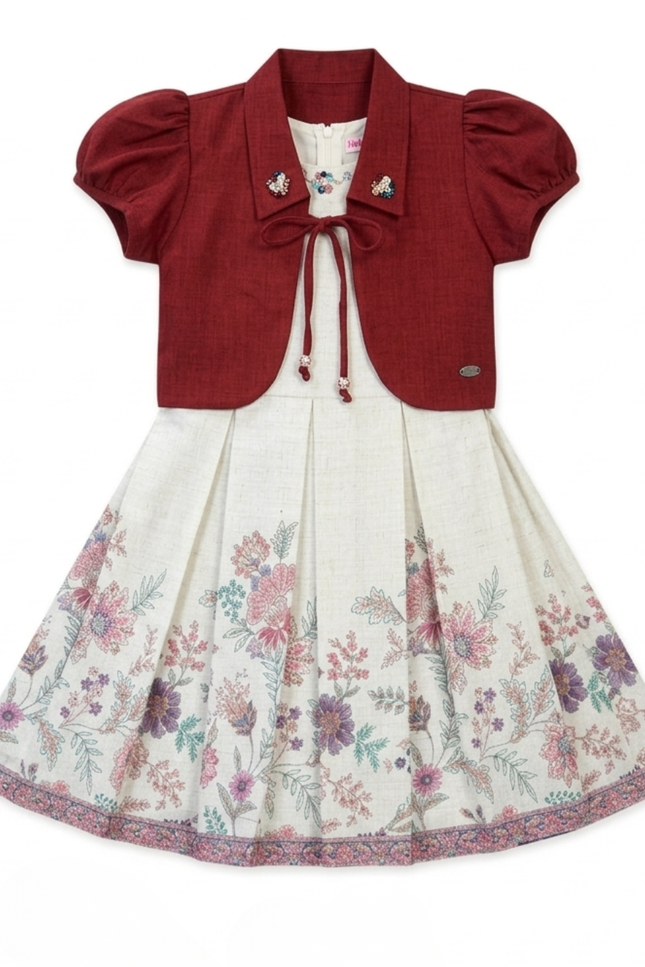 Girls' Floral Pleated Dress with Maroon Bolero Shrug