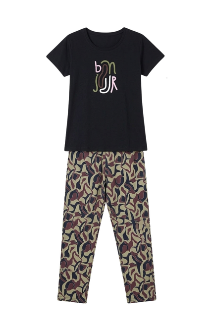 Women's "Bonjour" Hosiery Pajama Set | Black & Abstract Camo Lounge Set