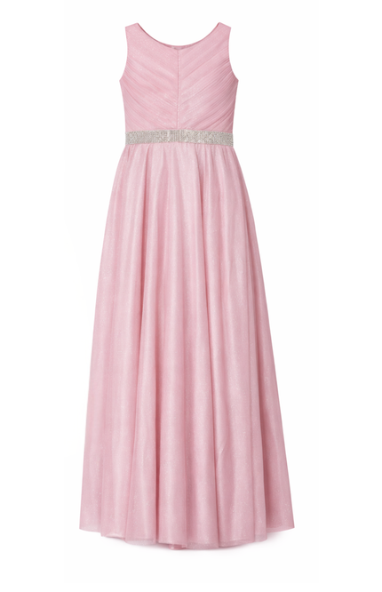 Girls' Floor-Length Shimmer Tulle Evening Gown with Rhinestone Waist