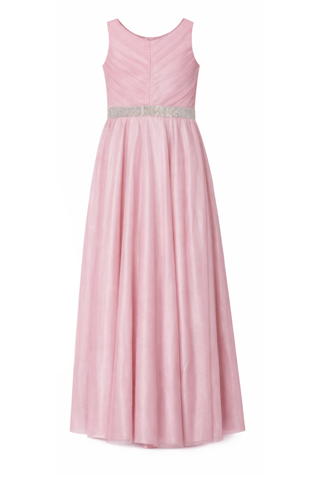 Girls' Floor-Length Shimmer Tulle Evening Gown with Rhinestone Waist