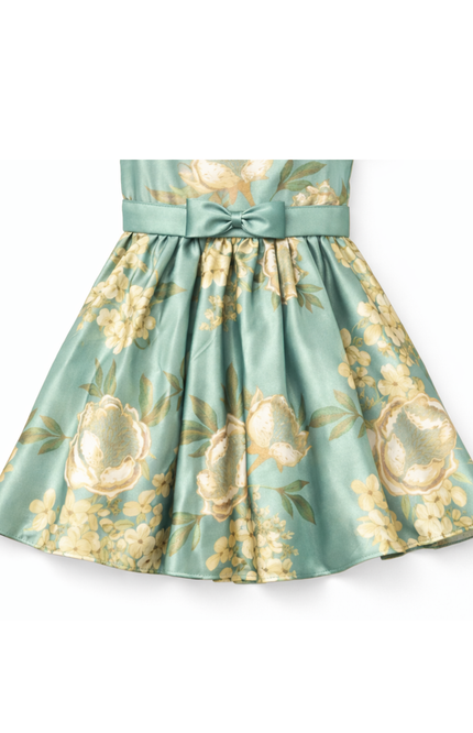 Sage Green Floral Party Dress with Bow Belt