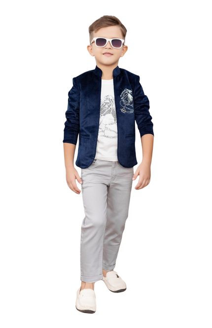 Kids' Navy Blue Velvet Party Suit Set with Silver Graphic Tee and Slim-Fit Grey Pants