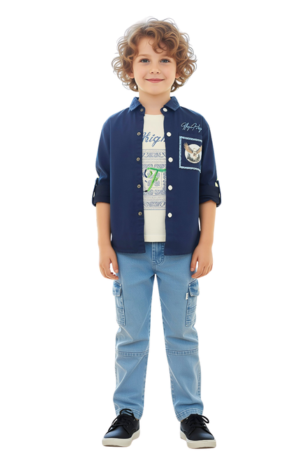 Boys' 3-Piece Navy Button-Down Shirt, Graphic Tee, and Cargo Jeans Set