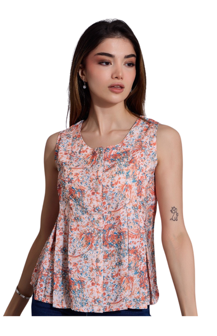 Girls' Sleeveless Peach and Blue Floral Print Top with Button Front