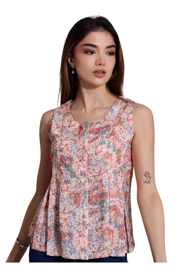 Girls' Sleeveless Peach and Blue Floral Print Top with Button Front