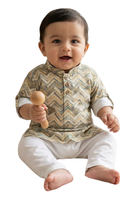 Infant Boys' Sage and Ochre Chevron Print Kurta with White Pajamas