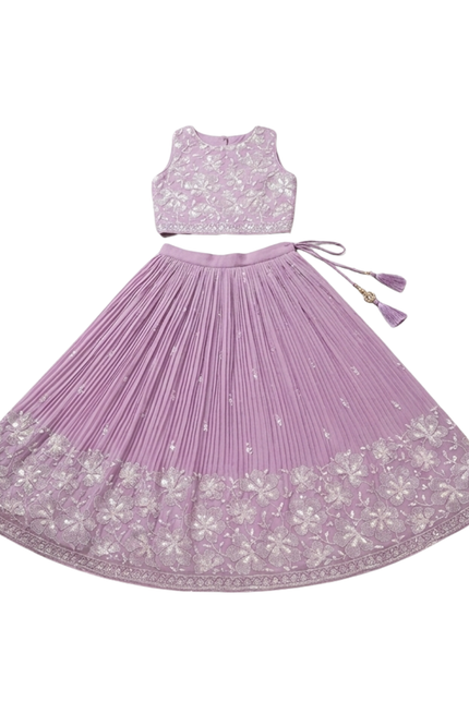Girls' Lavender Crepe Satin Embroidered Ghagra Choli Set with Pleated Detail