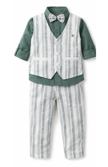 Boys' 4-Piece Cotton-Linen Blend Suit Set with Vest, Shirt, and Bow Tie