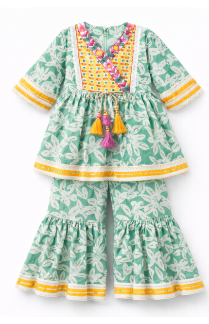 Mint Green Printed Kurti with Sharara – Premium Cotton