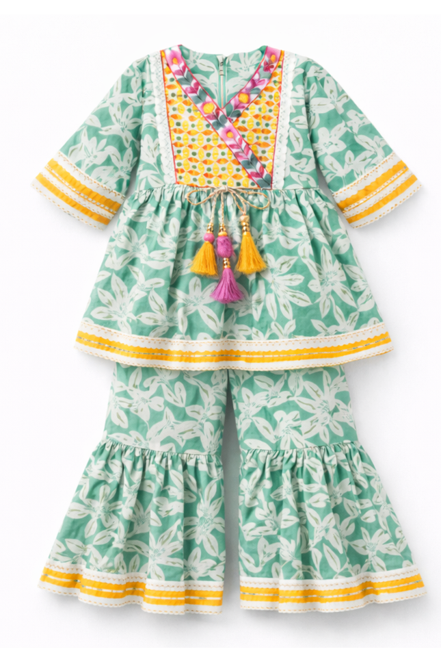 Mint Green Printed Kurti with Sharara – Premium Cotton