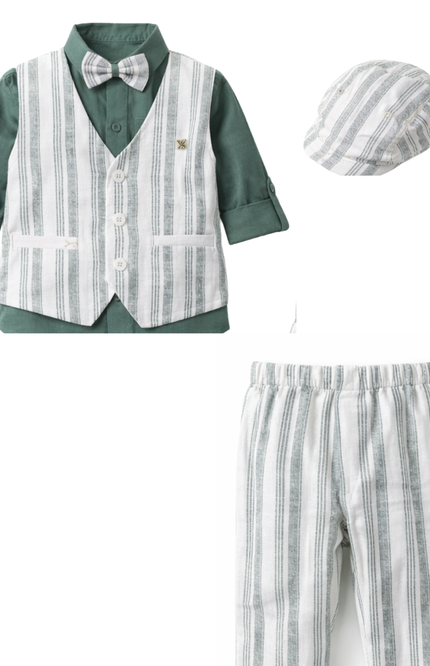 Boys' 4-Piece Cotton-Linen Blend Suit Set with Vest, Shirt, and Bow Tie