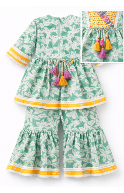 Mint Green Printed Kurti with Sharara – Premium Cotton