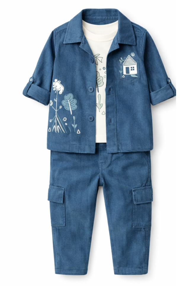 Boys' 3-Piece Blue Corduroy Jacket, Cargo Pants, and Graphic Tee Set