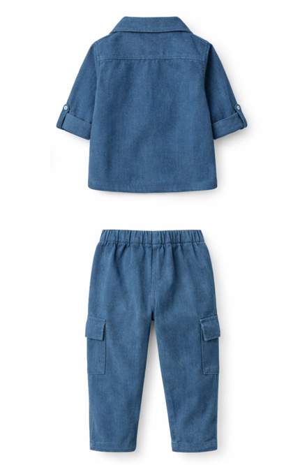 Boys' 3-Piece Blue Corduroy Jacket, Cargo Pants, and Graphic Tee Set