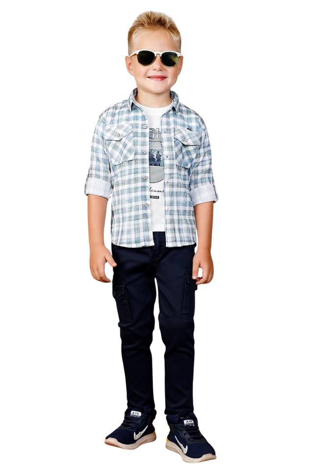 Boys' Plaid Shirt, Graphic Tee, and Cargo Pants 3-Piece Set - Blue