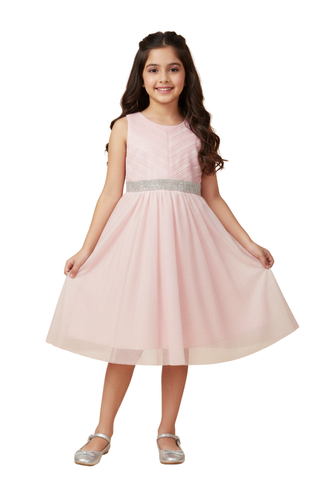 Kids' Formal Pink Tulle Gown – Shimmery Sleeveless Birthday Dress