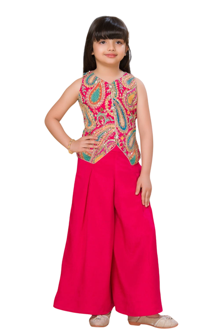 Girls' Fuchsia Pink Paisley Print Fusion Set – Sleeveless Waistcoat Style Top & Palazzos
