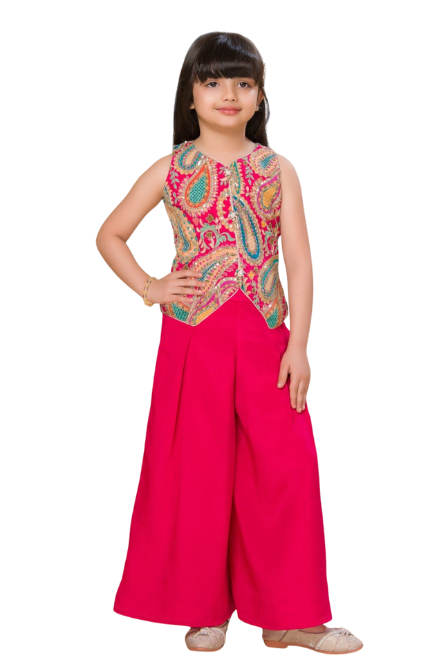 Girls' Fuchsia Pink Paisley Print Fusion Set – Sleeveless Waistcoat Style Top & Palazzos