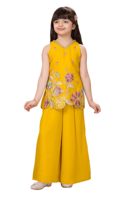 Girls' Mustard Yellow Floral Embroidered Sleeveless Kurti & Palazzo Set