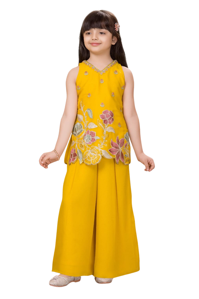 Girls' Mustard Yellow Floral Embroidered Sleeveless Kurti & Palazzo Set