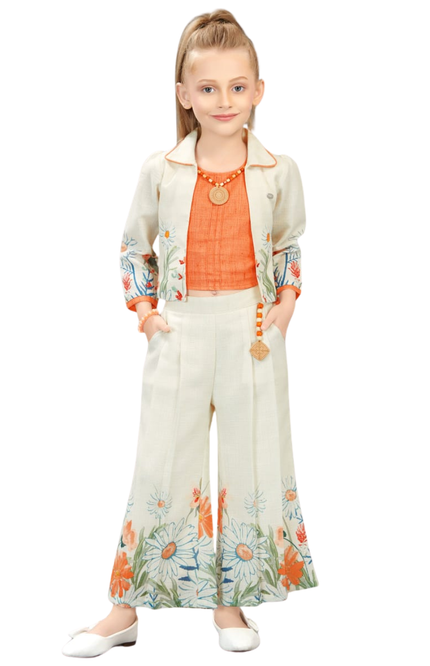 Kids' 3-Piece Fusion Set – Daisy Print Wide-Leg Trousers, Rust Orange Top, and Printed Shrug