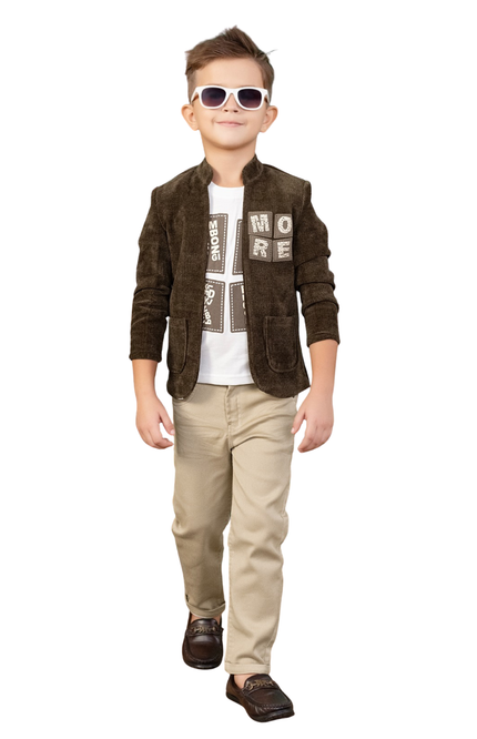 Boys' 3-Piece Olive Corduroy Blazer Set with Graphic Tee and Khaki Trousers