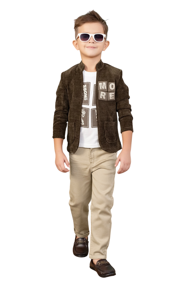 Boys' 3-Piece Olive Corduroy Blazer Set with Graphic Tee and Khaki Trousers