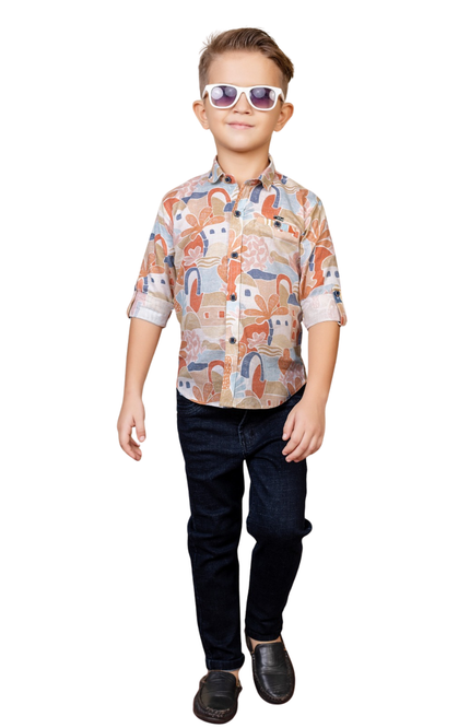 Boys' 3-Piece Abstract Landscape Print Button-Down Shirt and Slim-Fit Dark Denim Set