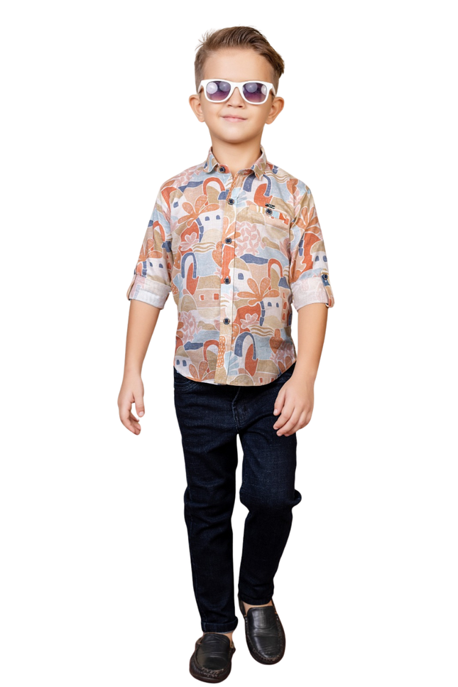 Boys' 3-Piece Abstract Landscape Print Button-Down Shirt and Slim-Fit Dark Denim Set