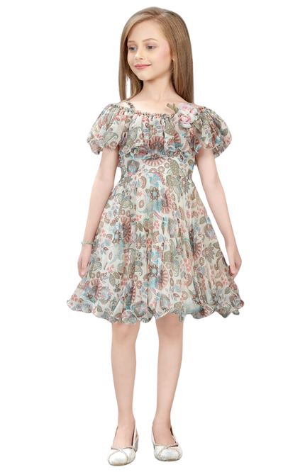 Girls' Floral Chiffon Ruffle Dress with Flower Corsage
