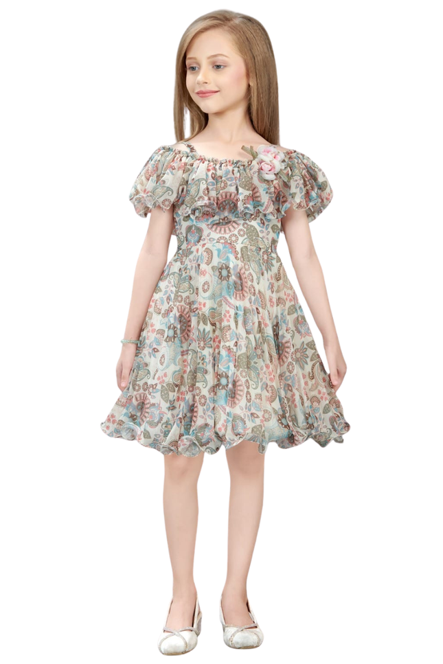 Girls' Floral Chiffon Ruffle Dress with Flower Corsage