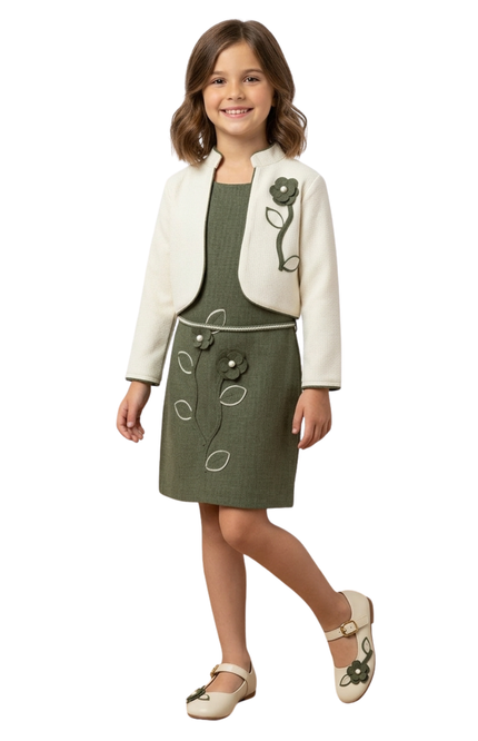 Girls Olive Green Dress with Cream Jacket Set (2-Piece Outfit)