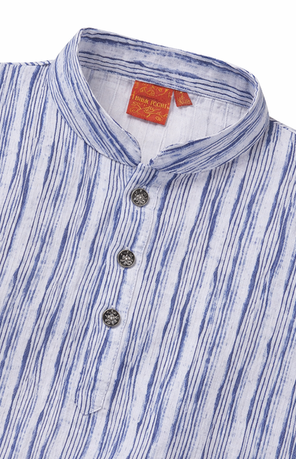Boys' Indigo Chevron Print 3-Piece Kurta Pajama Set with Waistcoat