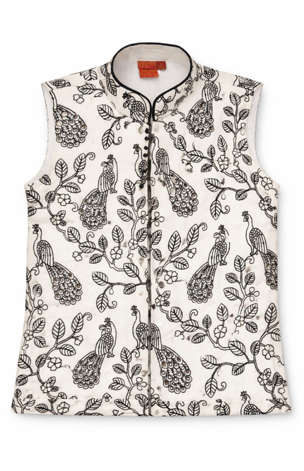 Boys' Black Kurta & Pajama Set with White Peacock Printed Nehru Jacket