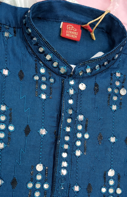 Boys' Royal Teal Kurta Set with Intricate Mirror & Sequin Work