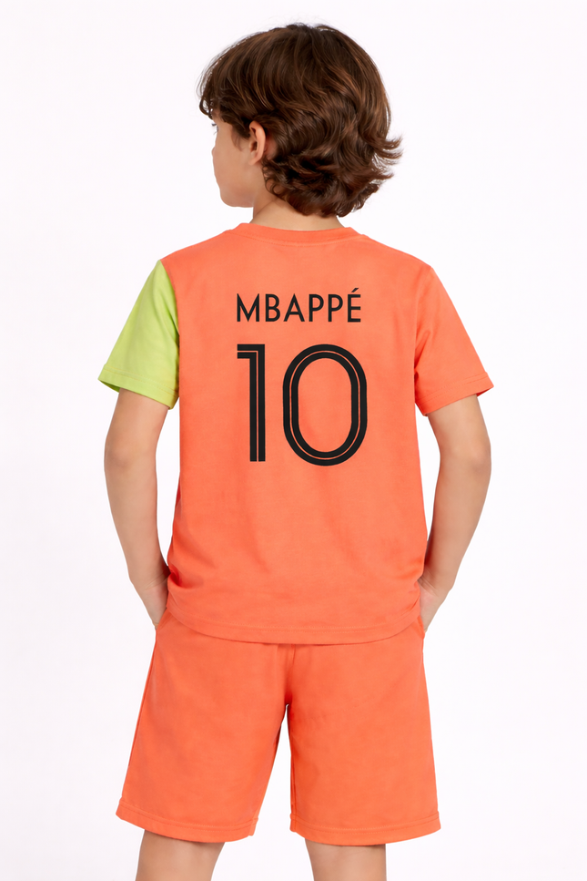 Boys' Mbappé Football Graphic T-Shirt and Shorts 2-Piece Set – Neon Orange & Lime