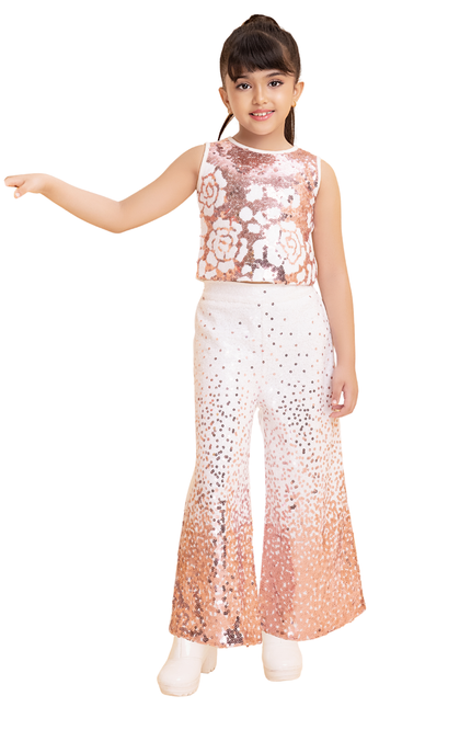 Nina Richi girls rose gold sequin palazzo set
Premium girls party wear outfit
Elegant kids wedding outfit
Shimmer palazzo set for girls