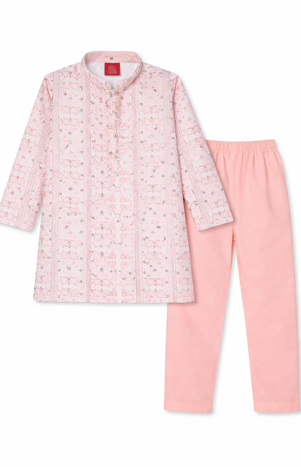 Boys' Blush Pink Geometric Print Kurta Set with Mirror Work