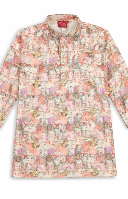 Boys' Peach Bohemian Mandala Patchwork Kurta & Pajama Set