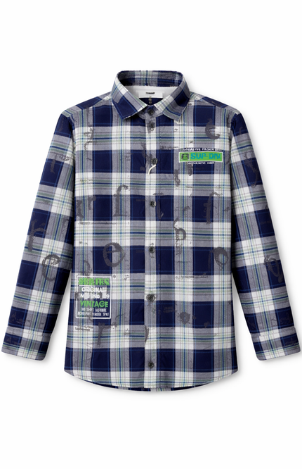 Kids' Urban Layered Outfit – Navy Plaid Shirt & Sporty White Tee