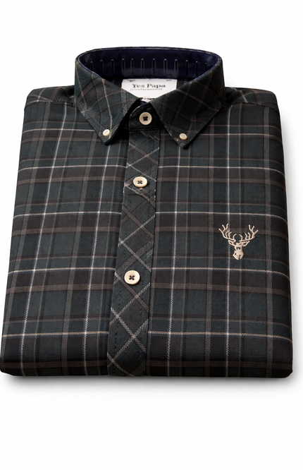 Kids' Designer Forest Green Checked Full-Sleeve Shirt – Premium Apple Cut Hem