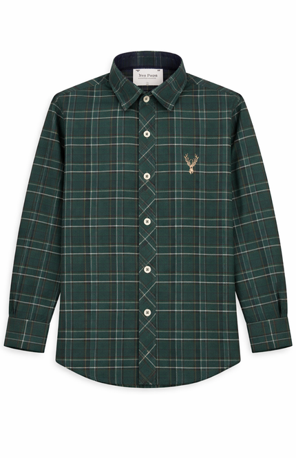 Kids' Designer Forest Green Checked Full-Sleeve Shirt – Premium Apple Cut Hem